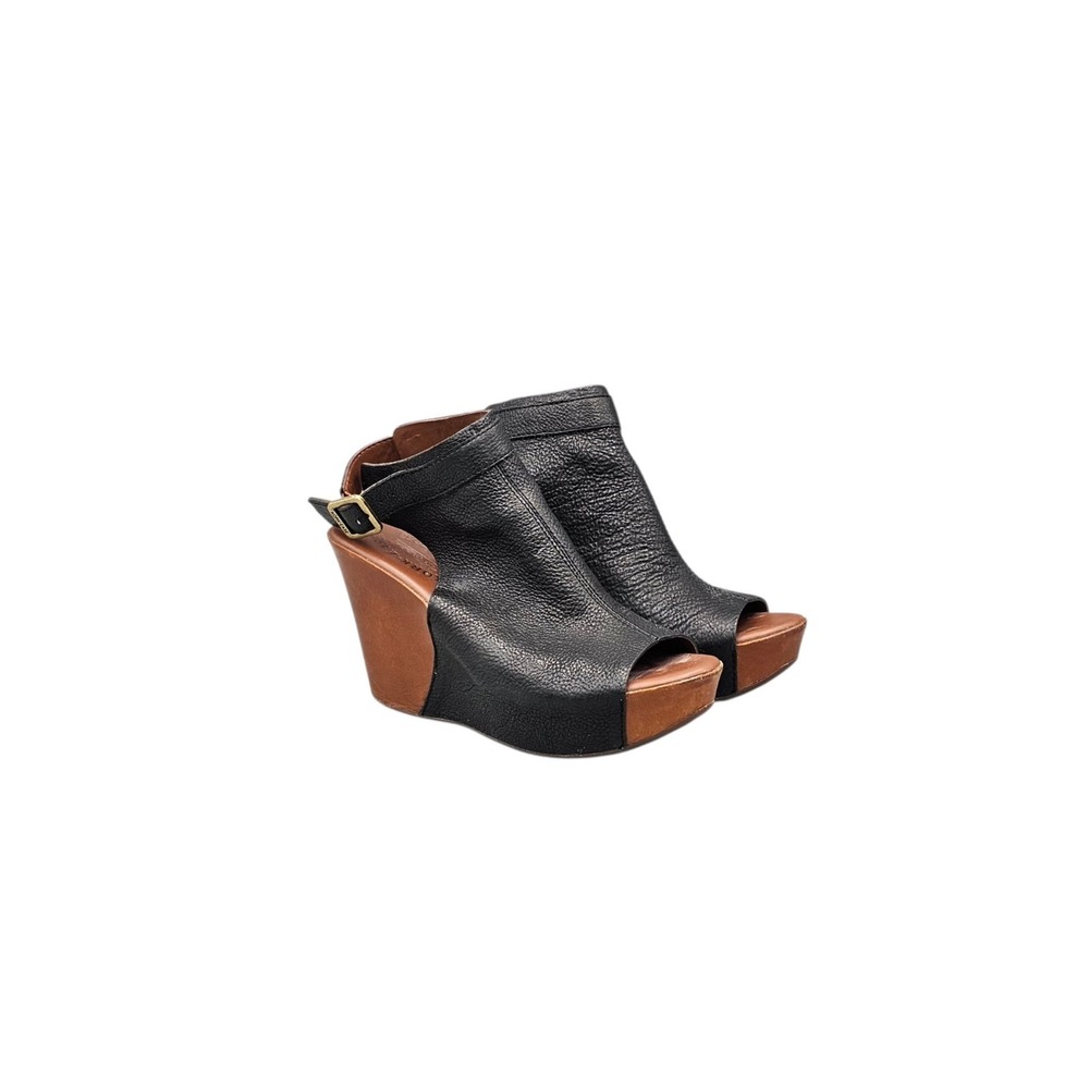 Kork-Ease Berit Black Leather Peep Toe Wedge Slingback Sandals Heels Women's 6 M